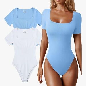 Ribbed Square Neck Bodysuit Bundle – White & Blue | Size M